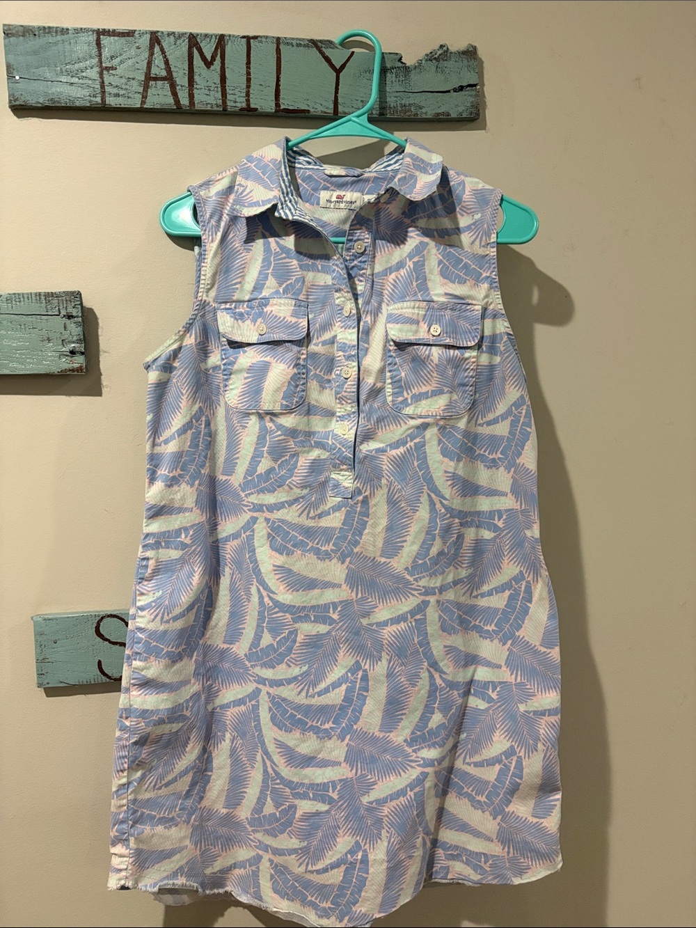 Vineyard Vines Blue and White Palm-Leaf Sleeveless Shirt Dress